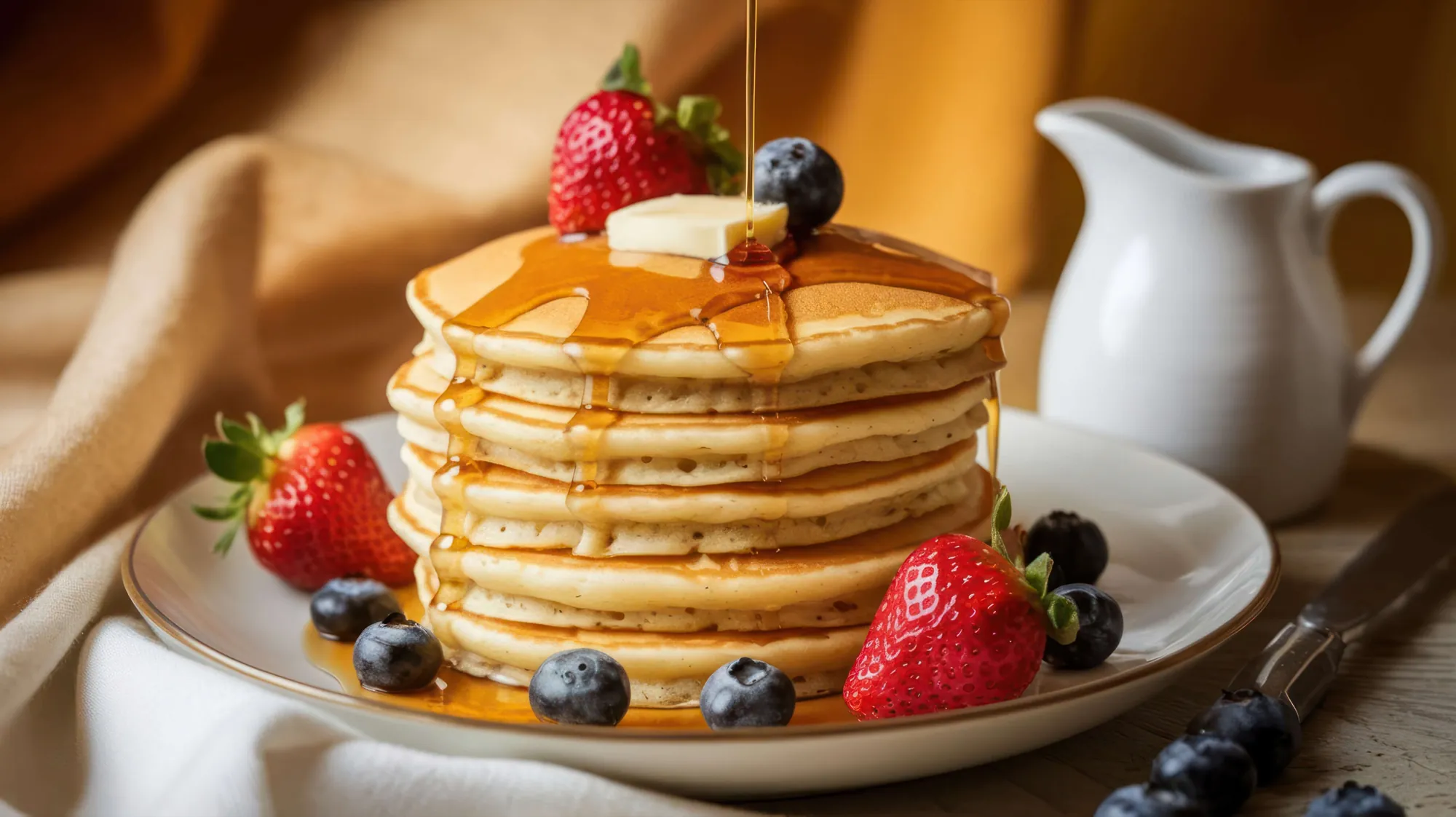 Pile de pancakes au sirop d'érable avec fraises et bleuets